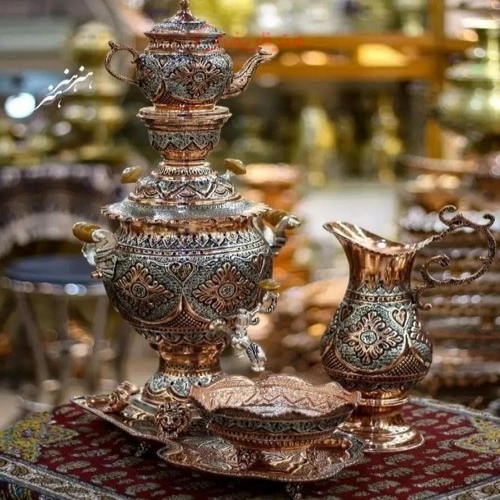 سرویس سماور ٣.٥ لیتری قلمزنی با روکش نقره و مس - هنرظریف