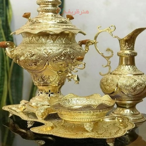 سرویس سماور برنجی قلمزنی ٥ لیتری اعلاء با آبکاری شبه طلا