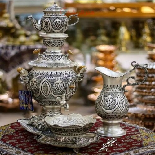 سرویس سماور ٣ لیتری قلمزنی با آبکاری نقره سیاه قلم - هنرظریف