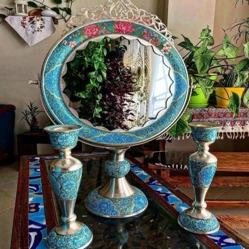 ست آینه شمعدان گهواره ای تاجدار مسی با روکش نقره _ هنرظریف