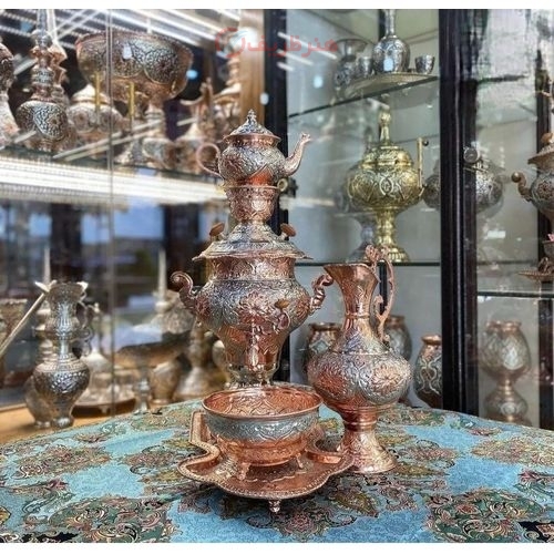 سرویس سماور برنجی قلمزنی اعلاء 5 لیتری دکوری با روکش کوره ای مس و نقره - هنرظریف