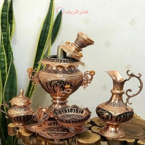 سرویس سماور قلمزنی مسی جمشیدی 8 لیتری با روکش کوره ای