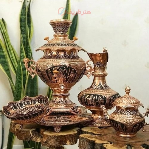 سرویس سماور قلمزنی مسی جمشیدی 8 لیتری با روکش کوره ای - هنرظریف