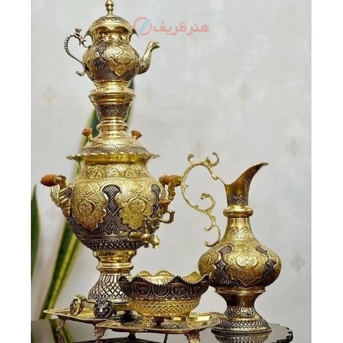 سرویس سماور قلمزنی ٤ لیتری آبکاری شبه طلا با روکش کوره ای
