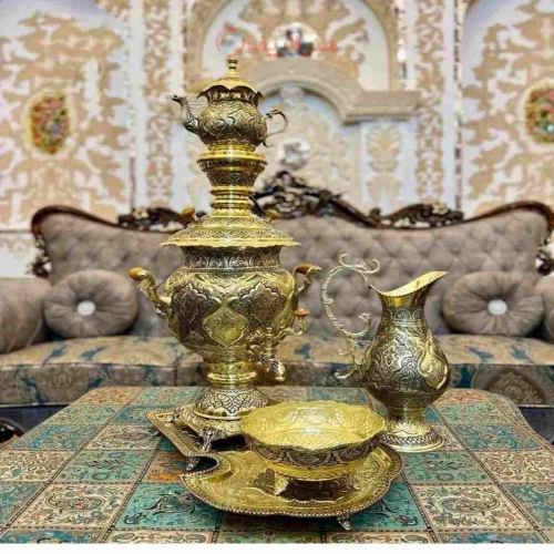 سرویس سماور قلمزنی زغالی، برقی برنجی 8 لیتری رنگ ثابت - هنرظریف