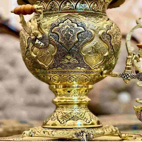 سرویس سماور قلمزنی زغالی، برنجی 8 لیتری رنگ ثابت
