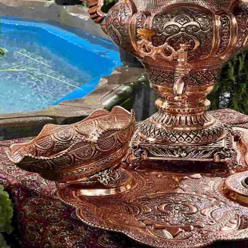 سرویس سماور قلمزنی زغالی مسی ٦ لیتری، سیاه قلم