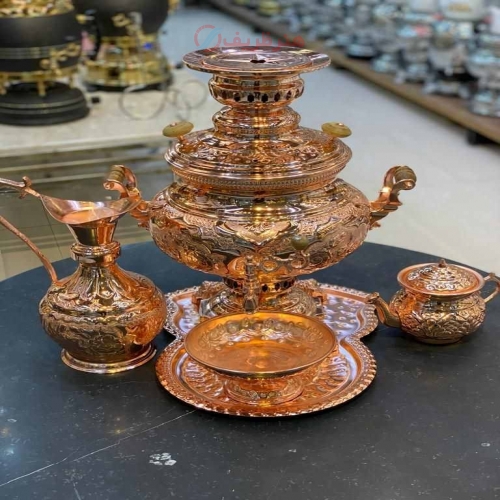 سرویس کامل سماور برنجی 8 لیتری زغالی و گازی با رنگ ثابت