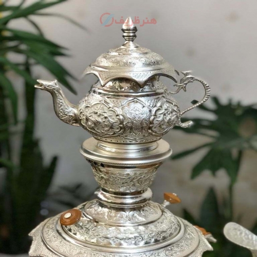 سرویس سماور برنجی ۶ لیتری روکش نقره با قلمزنی گل و مرغ