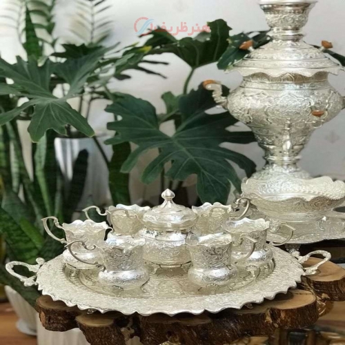 سرویس چایخوری برنجی قلمزنی با روکش نقره و رنگ ثابت - هنرظریف