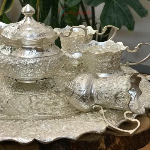 سرویس چایخوری برنجی قلمزنی گل و پرنده با روکش نقره