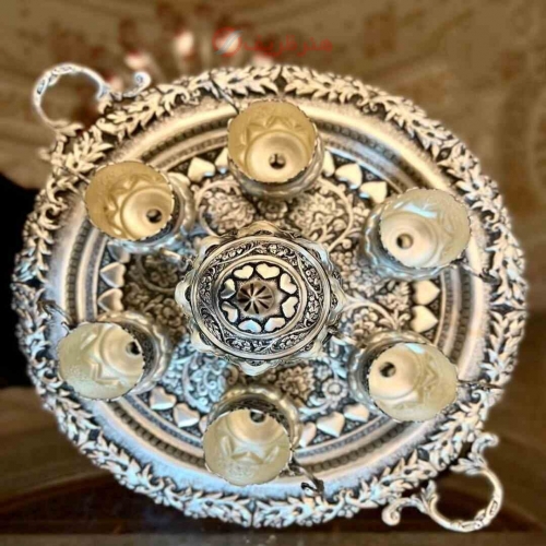 سرویس چایخوری مینیاتوری قلمزنی برجسته با آبکاری نقره