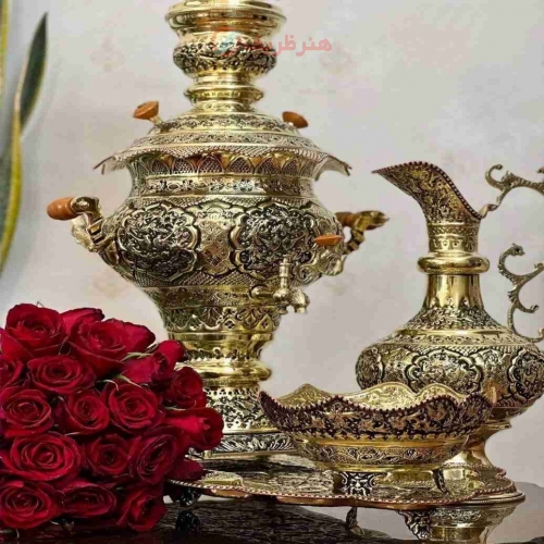 سرویس 5 تکه سماور برنجی قلمزنی شامل سماور، قوری، سینی، جام و پارچ