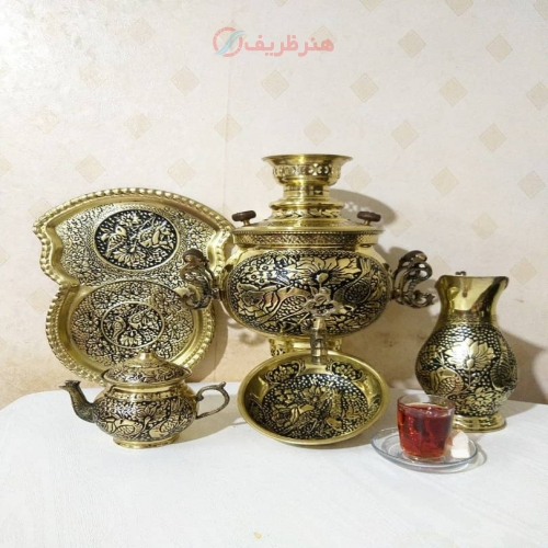 سرویس کامل سماور زغالی قلمزنی برنجی - هنرظریف