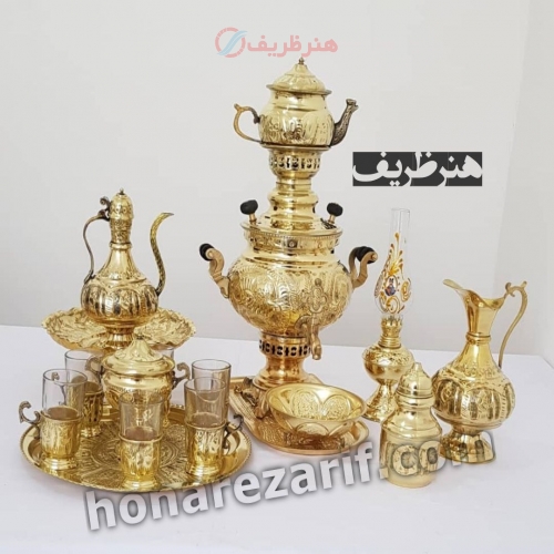 سرویس سماور زغالی برنجی طلایی 6 لیتری بهمراه جایخوری و آفتابه لگن - هنرظریف