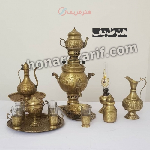 سرویس 5 تکه کامل سماور زغالی برنجی 3 لیتری توپی قلم دست - هنرظریف
