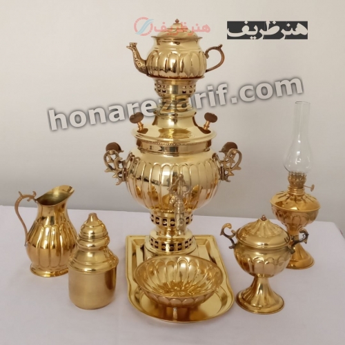 سرویس کامل سماور زغالی برنجی 3 لیتری آینه ای عدسی - هنرظریف