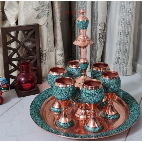 سرویس شربت خوری مسی فیروزه کوبی اصل نیشابور