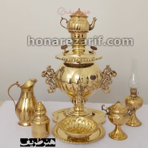 سرویس سماور زغالی برنجی مدل شاهی دسته ماهی سنگین وزن - هنرظریف