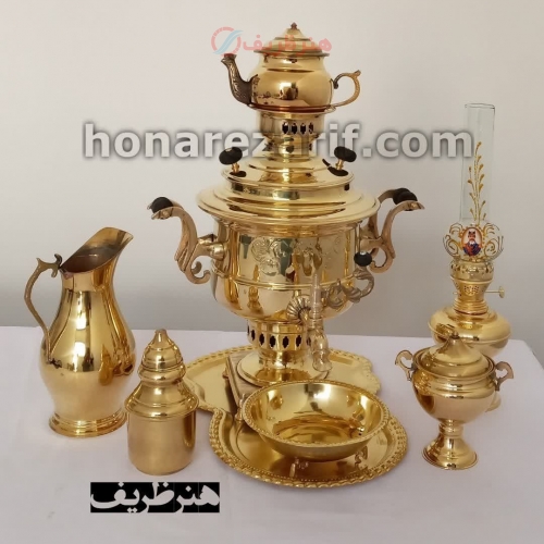 سرویس سماور برنجی 6 لیتری زغالی مدل قابلمه ای دو رنگ طلایی و آنتیک - هنرظریف