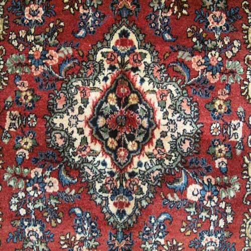 فرش دستباف همدان شهرباف طرح لچک و ترنج سایز قاليچه رنگ زمینه لاكي رنگ حاشیه كرم کد ۳۸۹۹۷