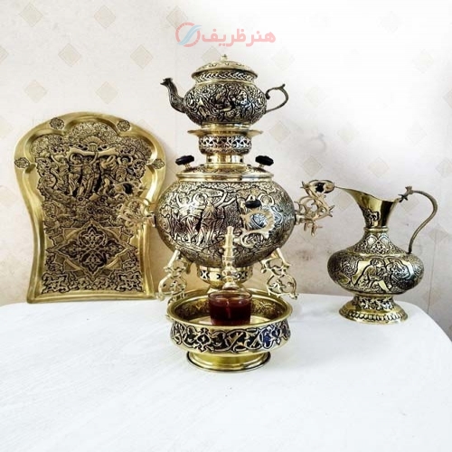 سرویس سماور 5 لیتری ذغالی برنجی جهان نما دسته توری (3 پایه)
