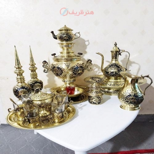 سماور برنجی زغالی 6 لیتری توپی دسته توری پایه ریخته با چایخوری، تنگ شاخدار، آفتابه لگن
