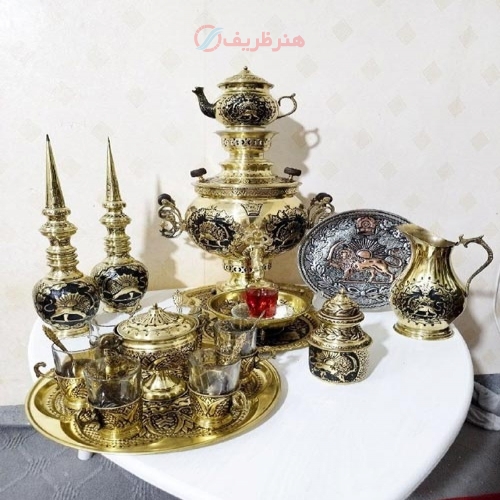 سماور برنجی زغالی 6 لیتری توپی دسته توری پایه ریخته - هنرظریف