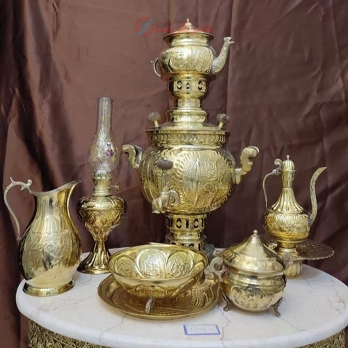 سماور زغالی برنجی هخامنشی 3 لیتری 9 پارچه (آفتابه لگن، چراغ، قندان) - هنرظریف