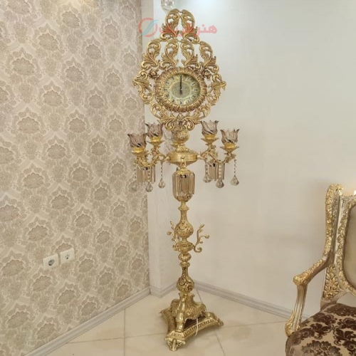 آباژور ساعتی 6 شاخه لاله برگدون جنس آلیاژ آلومنیوم آبکاری برنج