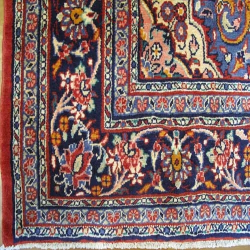 فرش دستباف لاله جين همدان طرح لچک و ترنج سایز قالي رنگ زمینه لاكي رنگ حاشیه سرمه اي کد 39043