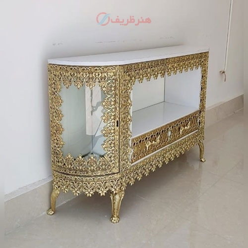 میز تلویزیون بوفه ای طول 120، جنس آلیاژ آلومینیوم با آبکاری برنز، رنگ ثابت - هنرظریف