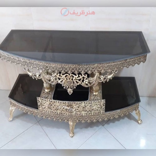 میز تلویزیون جلو خم، جنس آلیاژ آلومینیوم با آبکاری برنز - هنرظریف