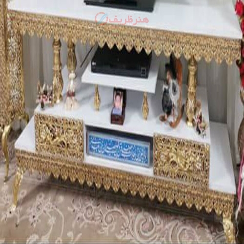 میز تلویزیون دو کشو، دو طبقه، طول 120، جنس آلیاژ آلومینیوم با آبکاری برنز