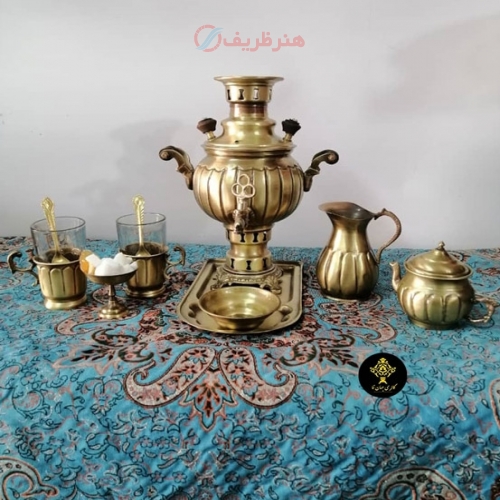 ست کامل سرویس سماور زغالی ده تکه برنجی 1 لیتری با کیفیت اعلاء