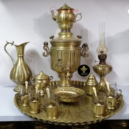 سرویس کامل سماور زغالی 20 تکه برنجی استوانه ای روی مجمع - هنرظریف