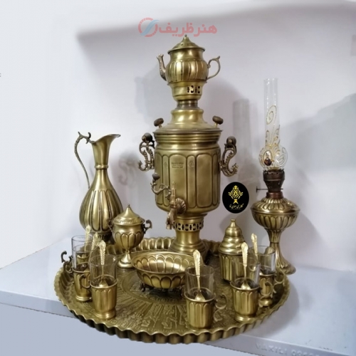 سرویس کامل سماور زغالی 20 تکه برنجی استوانه ای روی مجمع