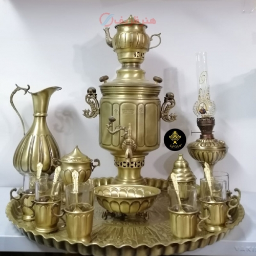 سرویس کامل سماور زغالی 20 تکه برنجی استوانه ای روی مجمع