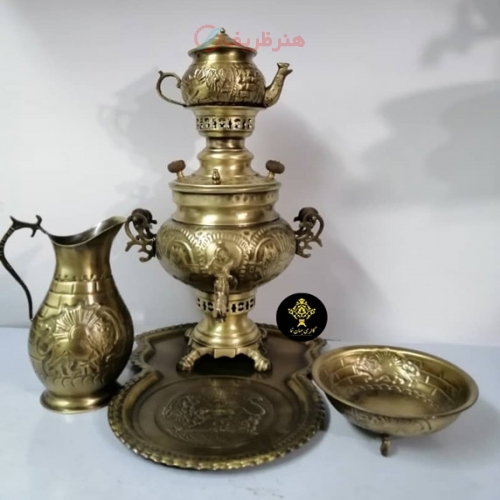 سرویس کامل سماور زغالی برنجی 3.5 لیتری قلم دست، نانو شده