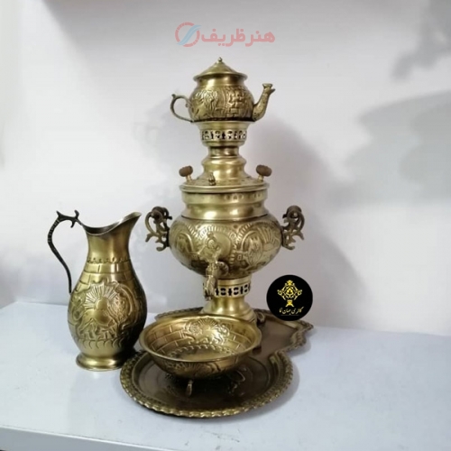سرویس کامل سماور زغالی برنجی 3.5 لیتری قلم دست، نانو شده