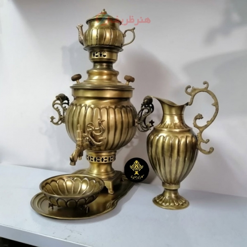 سرویس کامل سماور زغالی سنگین برنجی ست 5 تکه سنگین وزن