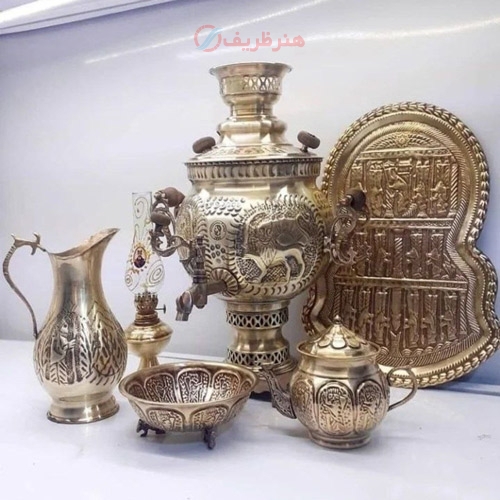سماور ذغالی برنجی 6 لیتری همراه با سرویس کامل دارای مهر و ضمانت برنج اصل - هنرظریف
