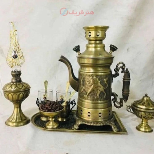 کتری شکاری برنجی با سرویس چایخوری و چراغ - هنرظریف