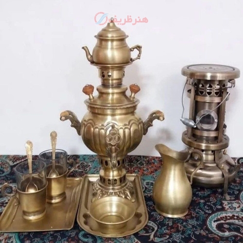 سماور ذغالی 1 لیتری برنجی همراه با سرویس سنگین وزن