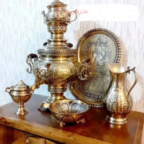 سرویس سماور ذغالی برنجی 6 لیتری، مدل عدسی با ضمانت برنج اصل