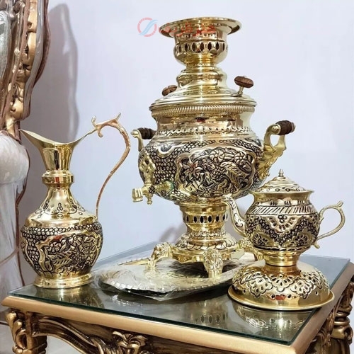 سماور برنجی 6 لیتری با سرویس 5 تکه بسیار با کیفیت - هنرظریف