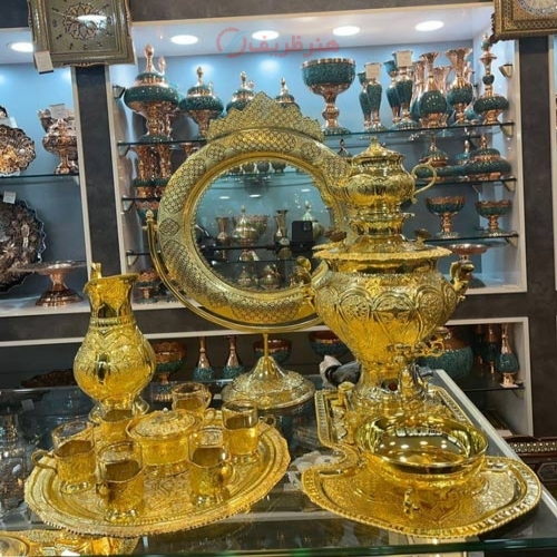سماور برقی 6 لیتری، قلم زده، آب طلا پلان، به همراه کاسه بشقاب - هنرظریف
