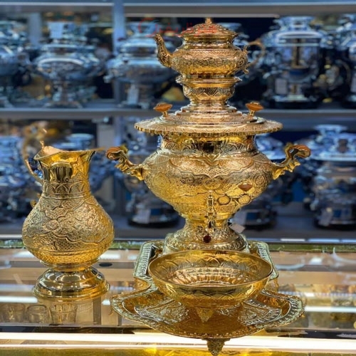 سماور برقی 6 لیتری مدل هندوانه ای، آبکاری طلا 24 عیار با قلم دست - هنرظریف