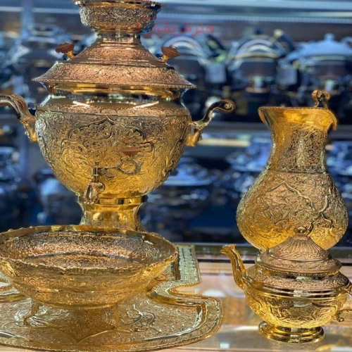 سماور زغالی قلمزنی برنجی 6 لیتری، روکش آب طلا با کیفیت درجه 1