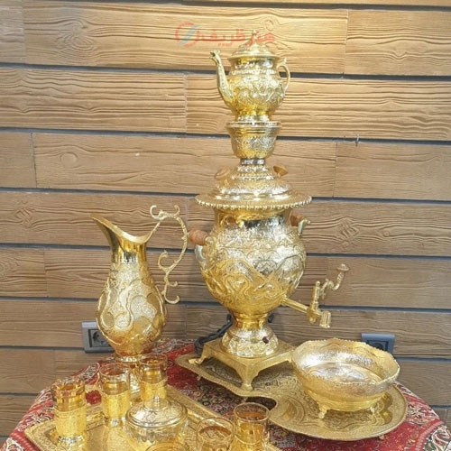 سماور برقی 6 لیتری آب طلا، همراه چایخوری قلم - هنرظریف